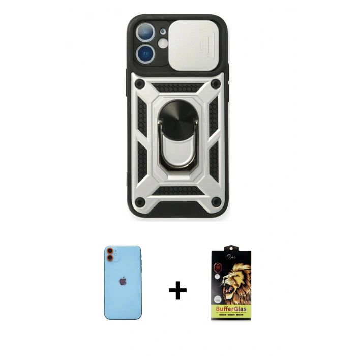 MARSİLYAN™- iPhone 11 Kılıf Ahenk Klasik - Siyah Buffer Cam Ekran Koruyucu + Neon Fosforlu Kamera Lens - TU