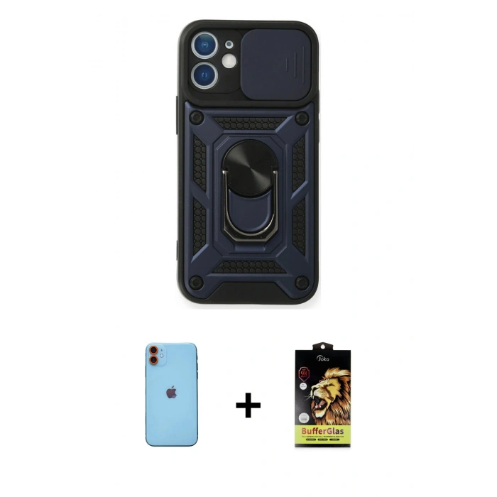 MARSİLYAN™- iPhone 11 Kılıf Ahenk Klasik - Siyah Buffer Cam Ekran Koruyucu + Neon Fosforlu Kamera Lens - TU