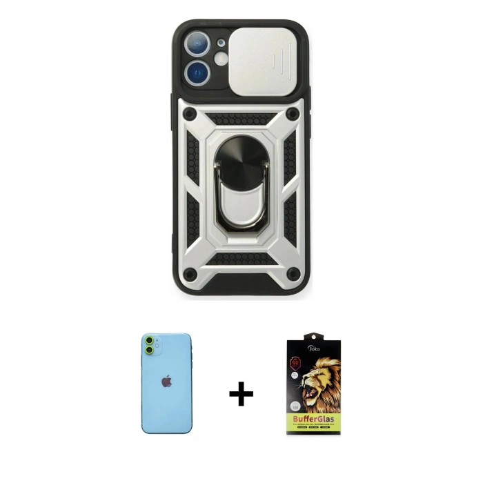 MARSİLYAN™- iPhone 11 Kılıf Ahenk Klasik - Siyah Buffer Cam Ekran Koruyucu + Neon Fosforlu Kamera Lens - YL