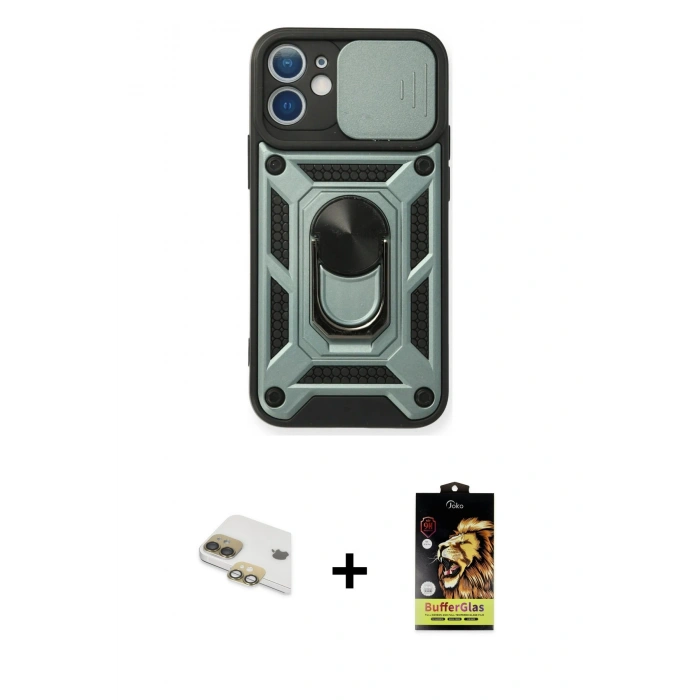 MARSİLYAN™- iPhone 11 Kılıf Ahenk Klasik - Siyah Buffer Cam Ekran Koruyucu + Pers Alüminyum Kamera Lens - GD