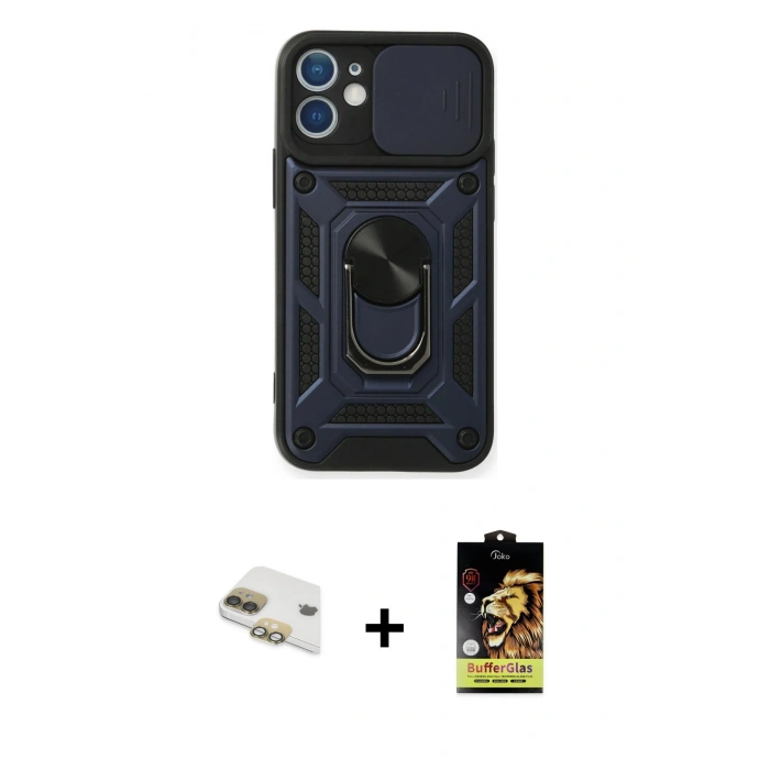MARSİLYAN™- iPhone 11 Kılıf Ahenk Klasik - Siyah Buffer Cam Ekran Koruyucu + Pers Alüminyum Kamera Lens - GD