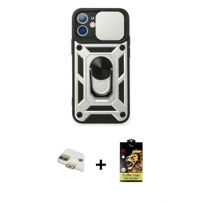 MARSİLYAN™- iPhone 11 Kılıf Ahenk Klasik - Siyah Buffer Cam Ekran Koruyucu + Pers Alüminyum Kamera Lens - GD