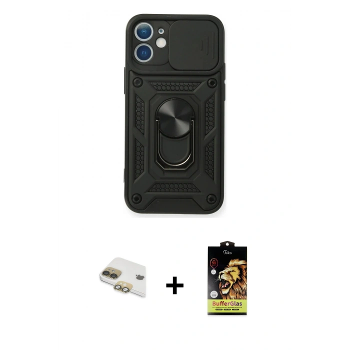 MARSİLYAN™- iPhone 11 Kılıf Ahenk Klasik - Siyah Buffer Cam Ekran Koruyucu + Pers Alüminyum Kamera Lens - GD