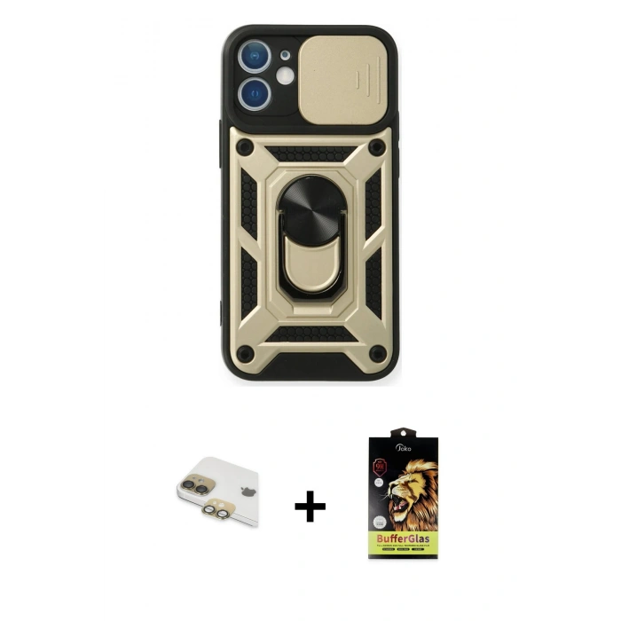 MARSİLYAN™- iPhone 11 Kılıf Ahenk Klasik - Siyah Buffer Cam Ekran Koruyucu + Pers Alüminyum Kamera Lens - GD