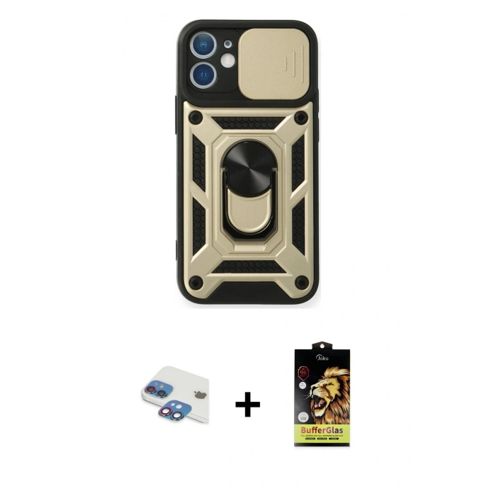 MARSİLYAN™- iPhone 11 Kılıf Ahenk Klasik - Siyah Buffer Cam Ekran Koruyucu + Pers Alüminyum Kamera Lens - GI