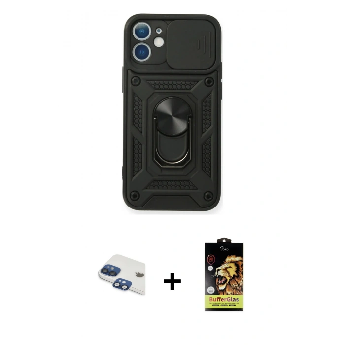 MARSİLYAN™- iPhone 11 Kılıf Ahenk Klasik - Siyah Buffer Cam Ekran Koruyucu + Pers Alüminyum Kamera Lens - LT