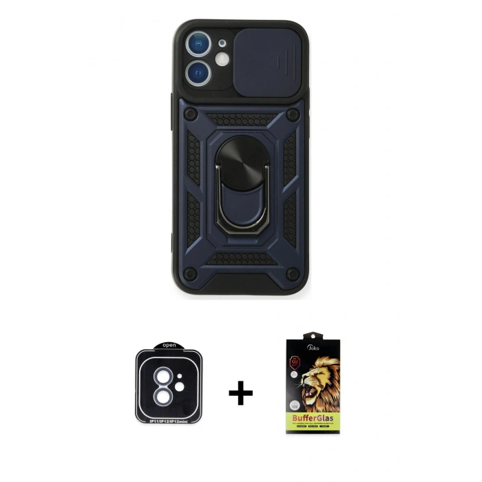 MARSİLYAN™- iPhone 11 Kılıf Ahenk Klasik - Siyah Buffer Cam Ekran Koruyucu + PVD Metal Kamera Lens - MI