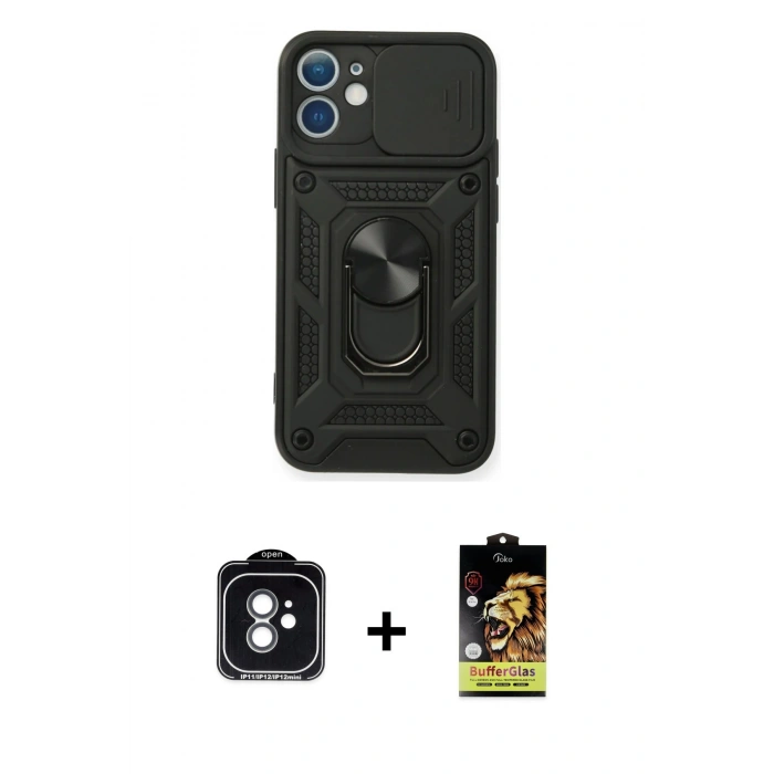 MARSİLYAN™- iPhone 11 Kılıf Ahenk Klasik - Siyah Buffer Cam Ekran Koruyucu + PVD Metal Kamera Lens - YL