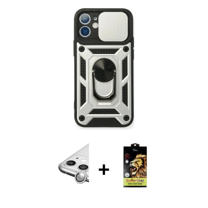 MARSİLYAN™- iPhone 11 Kılıf Ahenk Klasik - Siyah Buffer Cam Ekran Koruyucu + Raze Metal Kamera Lens - GS