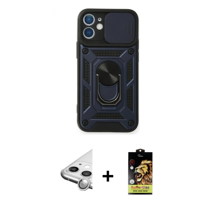 MARSİLYAN™- iPhone 11 Kılıf Ahenk Klasik - Siyah Buffer Cam Ekran Koruyucu + Raze Metal Kamera Lens - GS