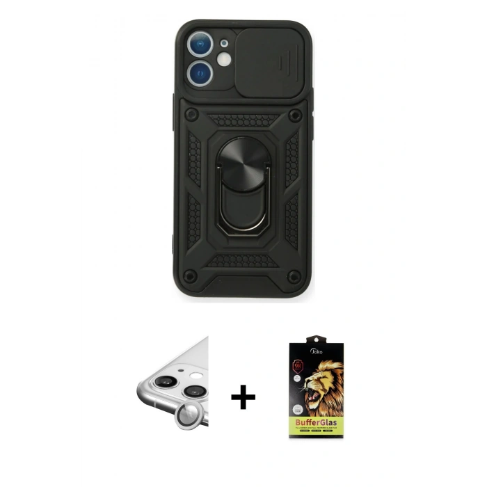 MARSİLYAN™- iPhone 11 Kılıf Ahenk Klasik - Siyah Buffer Cam Ekran Koruyucu + Raze Metal Kamera Lens - GS