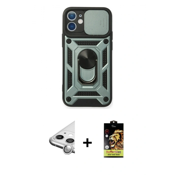 MARSİLYAN™- iPhone 11 Kılıf Ahenk Klasik - Siyah Buffer Cam Ekran Koruyucu + Raze Metal Kamera Lens - GS