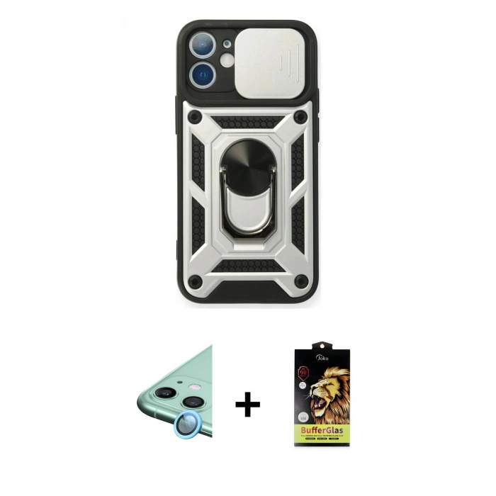 MARSİLYAN™- iPhone 11 Kılıf Ahenk Klasik - Siyah Buffer Cam Ekran Koruyucu + Raze Metal Kamera Lens - MI