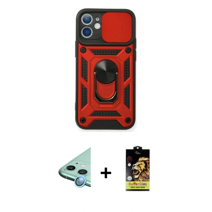 MARSİLYAN™- iPhone 11 Kılıf Ahenk Klasik - Siyah Buffer Cam Ekran Koruyucu + Raze Metal Kamera Lens - MI