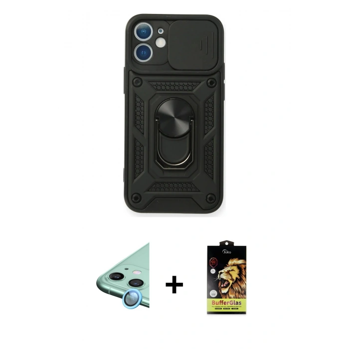 MARSİLYAN™- iPhone 11 Kılıf Ahenk Klasik - Siyah Buffer Cam Ekran Koruyucu + Raze Metal Kamera Lens - MI