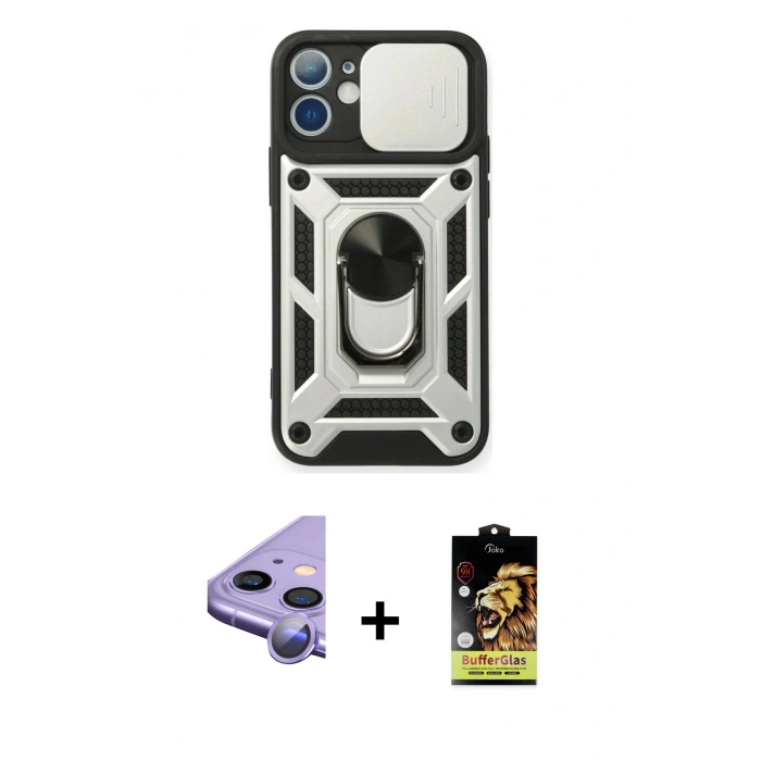 MARSİLYAN™- iPhone 11 Kılıf Ahenk Klasik - Siyah Buffer Cam Ekran Koruyucu + Raze Metal Kamera Lens - MR