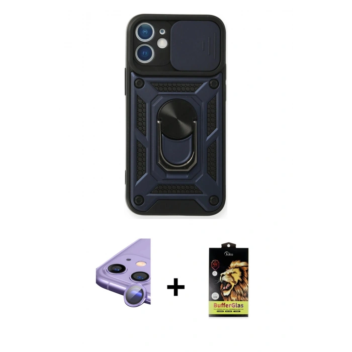 MARSİLYAN™- iPhone 11 Kılıf Ahenk Klasik - Siyah Buffer Cam Ekran Koruyucu + Raze Metal Kamera Lens - MR