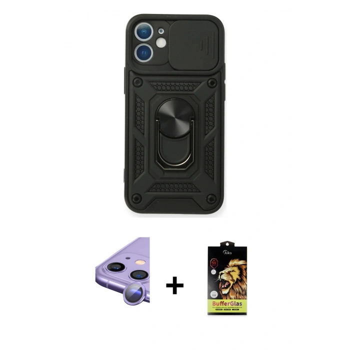 MARSİLYAN™- iPhone 11 Kılıf Ahenk Klasik - Siyah Buffer Cam Ekran Koruyucu + Raze Metal Kamera Lens - MR