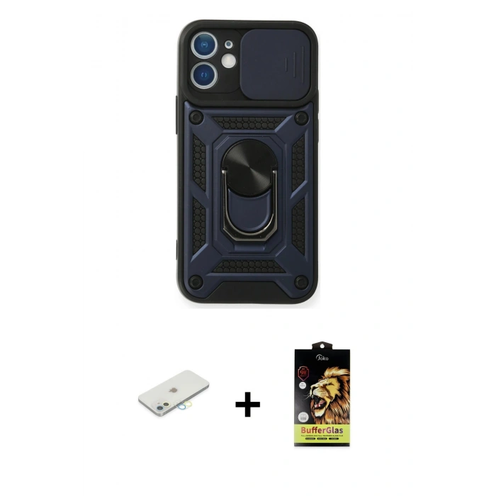 MARSİLYAN™- iPhone 11 Kılıf Ahenk Klasik - Siyah Buffer Cam Ekran Koruyucu + Renkli Kamera Lens Koruma Cam - SI