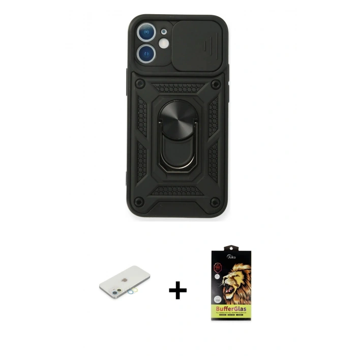MARSİLYAN™- iPhone 11 Kılıf Ahenk Klasik - Siyah Buffer Cam Ekran Koruyucu + Renkli Kamera Lens Koruma Cam - SI