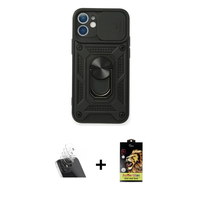 MARSİLYAN™- iPhone 11 Kılıf Ahenk Klasik - Siyah Buffer Cam Ekran Koruyucu + Şeffaf Kamera Lens Koruma Cam