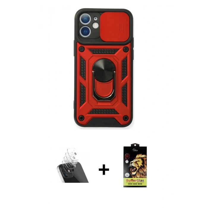 MARSİLYAN™- iPhone 11 Kılıf Ahenk Klasik - Siyah Buffer Cam Ekran Koruyucu + Şeffaf Kamera Lens Koruma Cam