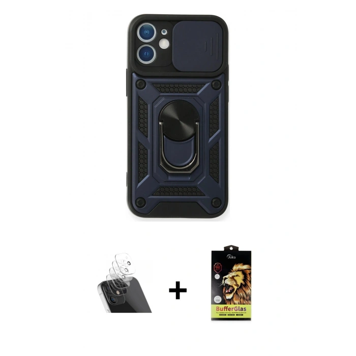 MARSİLYAN™- iPhone 11 Kılıf Ahenk Klasik - Siyah Buffer Cam Ekran Koruyucu + Şeffaf Kamera Lens Koruma Cam