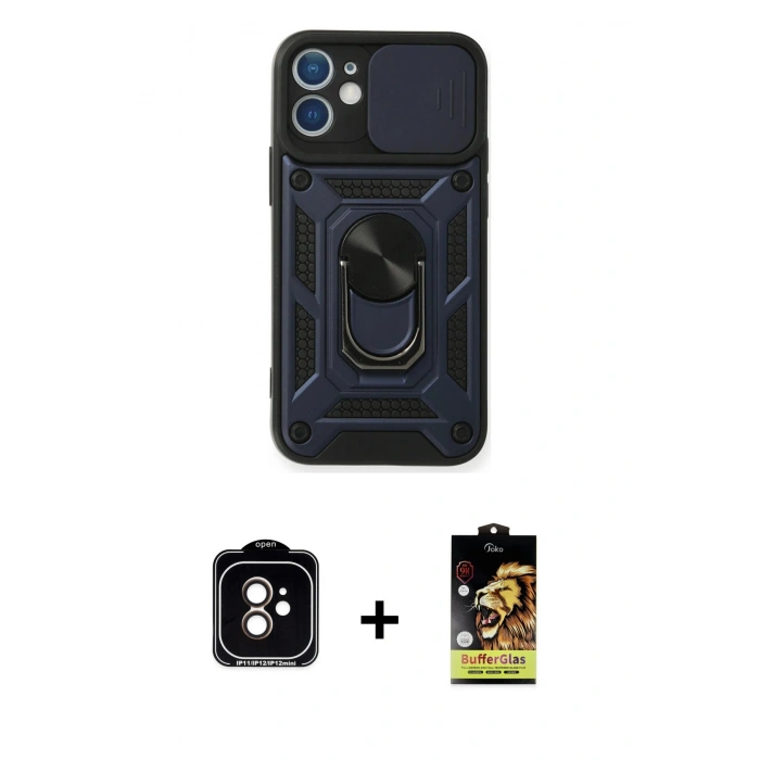 MARSİLYAN™- iPhone 11 Kılıf Ahenk Klasik - Siyah Buffer Cam Ekran Koruyucu + PVD Metal Kamera Lens - TU
