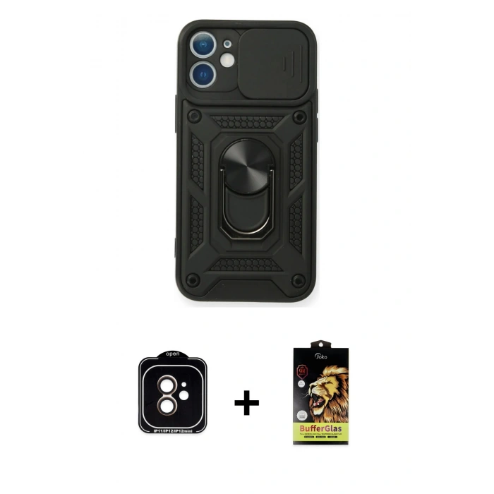 MARSİLYAN™- iPhone 11 Kılıf Ahenk Klasik - Siyah Buffer Cam Ekran Koruyucu + PVD Metal Kamera Lens - TU