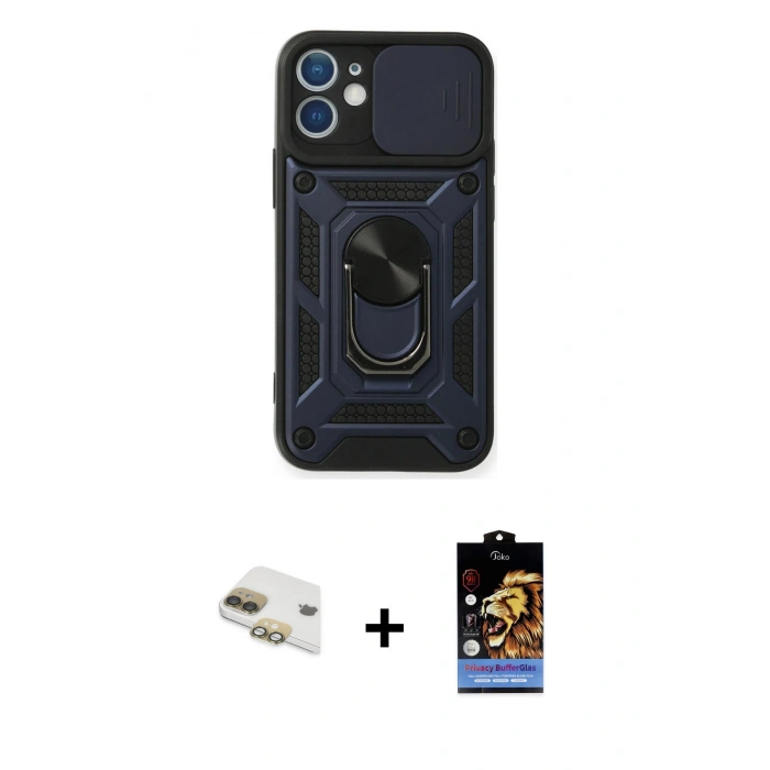 MARSİLYAN™- iPhone 11 Kılıf Ahenk Klasik - Siyah Buffer Hayalet Cam Ekran Koruyucu + Pers Alüminyum Kamera Lens - GD