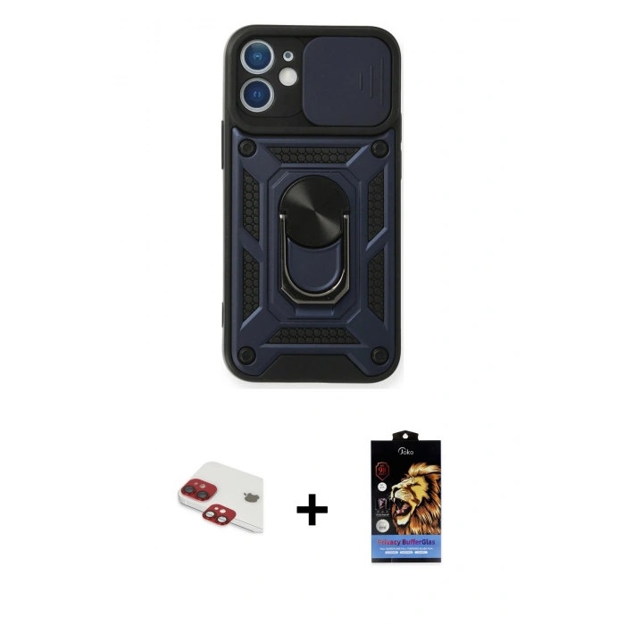 MARSİLYAN™- iPhone 11 Kılıf Ahenk Klasik - Siyah Buffer Hayalet Cam Ekran Koruyucu + Pers Alüminyum Kamera Lens - KI