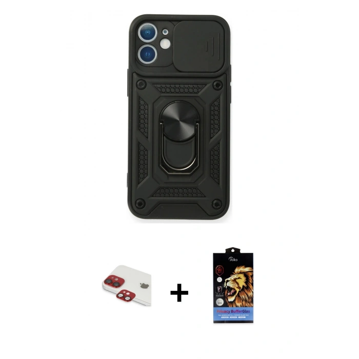 MARSİLYAN™- iPhone 11 Kılıf Ahenk Klasik - Siyah Buffer Hayalet Cam Ekran Koruyucu + Pers Alüminyum Kamera Lens - KI