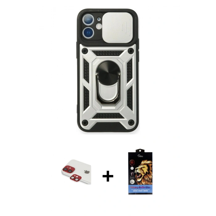 MARSİLYAN™- iPhone 11 Kılıf Ahenk Klasik - Siyah Buffer Hayalet Cam Ekran Koruyucu + Pers Alüminyum Kamera Lens - KI