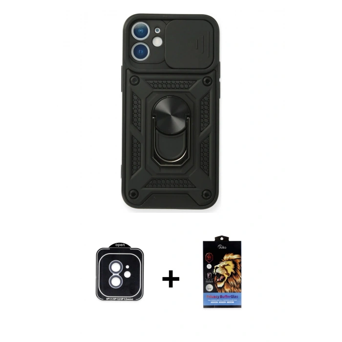 MARSİLYAN™- iPhone 11 Kılıf Ahenk Klasik - Siyah Buffer Hayalet Cam Ekran Koruyucu + Mavi PVD Metal Kamera Lens