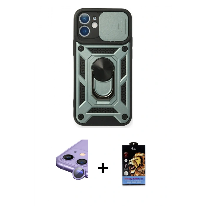MARSİLYAN™- iPhone 11 Kılıf Ahenk Klasik - Siyah Buffer Hayalet Cam Ekran Koruyucu + Raze Metal Kamera Lens - MR