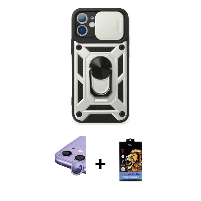 MARSİLYAN™- iPhone 11 Kılıf Ahenk Klasik - Siyah Buffer Hayalet Cam Ekran Koruyucu + Raze Metal Kamera Lens - MR