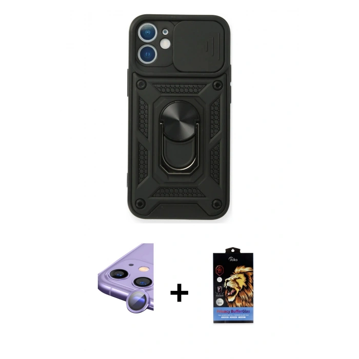 MARSİLYAN™- iPhone 11 Kılıf Ahenk Klasik - Siyah Buffer Hayalet Cam Ekran Koruyucu + Raze Metal Kamera Lens - MR