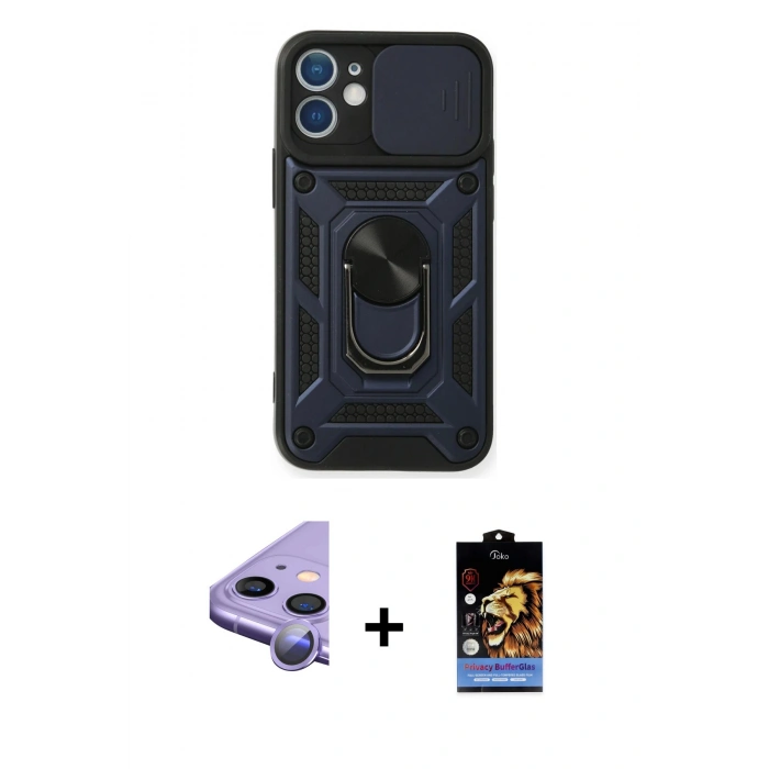 MARSİLYAN™- iPhone 11 Kılıf Ahenk Klasik - Siyah Buffer Hayalet Cam Ekran Koruyucu + Raze Metal Kamera Lens - MR