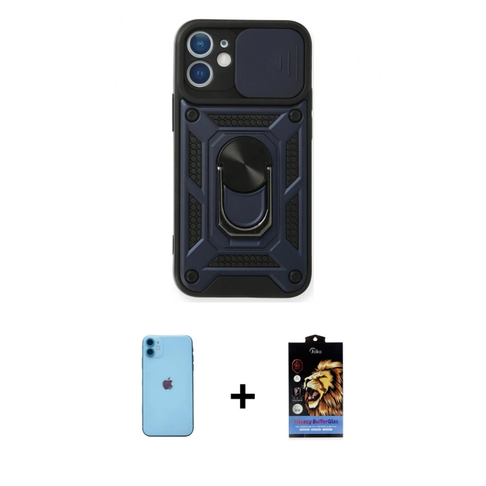 MARSİLYAN™- iPhone 11 Kılıf Ahenk Klasik - Siyah Buffer Hayalet Cam Ekran Koruyucu + Neon Fosforlu Kamera Lens - MI