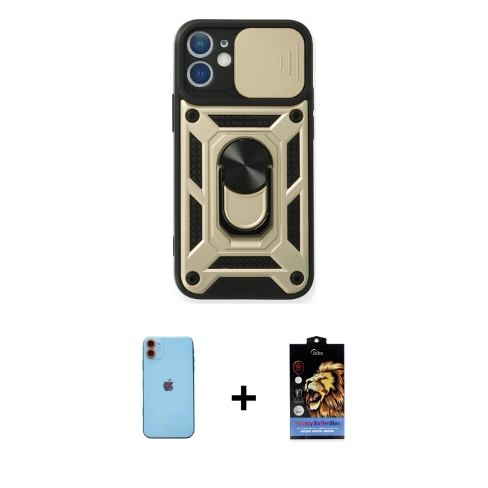 MARSİLYAN™- iPhone 11 Kılıf Ahenk Klasik - Siyah Buffer Hayalet Cam Ekran Koruyucu + Neon Fosforlu Kamera Lens - TU