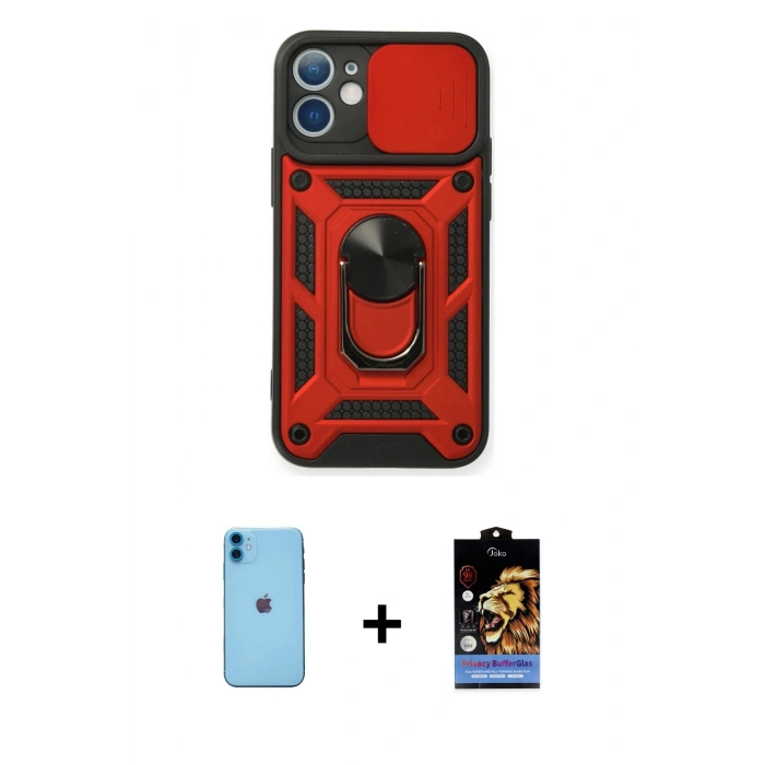 MARSİLYAN™- iPhone 11 Kılıf Ahenk Klasik - Siyah Buffer Hayalet Cam Ekran Koruyucu + Neon Fosforlu Kamera Lens - MI