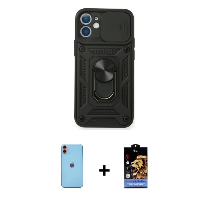 MARSİLYAN™- iPhone 11 Kılıf Ahenk Klasik - Siyah Buffer Hayalet Cam Ekran Koruyucu + Neon Fosforlu Kamera Lens - TU