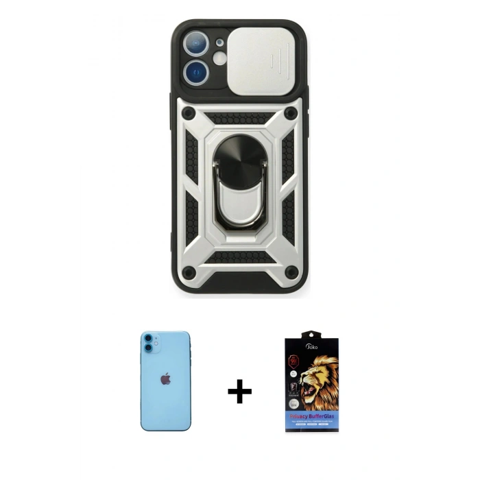 MARSİLYAN™- iPhone 11 Kılıf Ahenk Klasik - Siyah Buffer Hayalet Cam Ekran Koruyucu + Neon Fosforlu Kamera Lens - MI