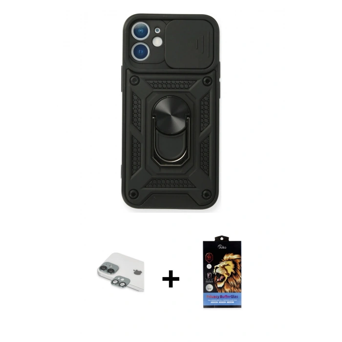 MARSİLYAN™- iPhone 11 Kılıf Ahenk Klasik - Siyah Buffer Hayalet Cam Ekran Koruyucu + Pers Alüminyum Kamera Lens - YL