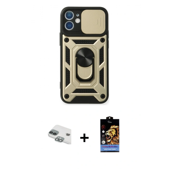 MARSİLYAN™- iPhone 11 Kılıf Ahenk Klasik - Siyah Buffer Hayalet Cam Ekran Koruyucu + Pers Alüminyum Kamera Lens - YL