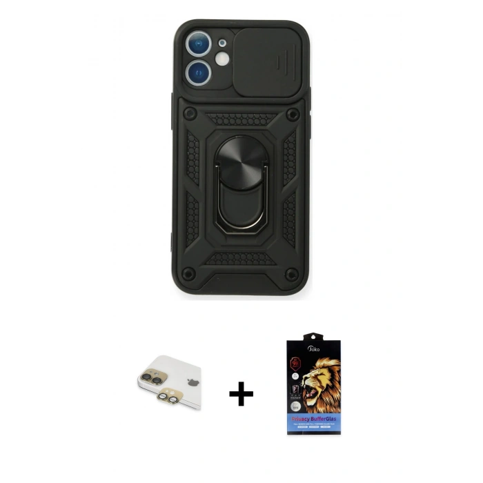 MARSİLYAN™- iPhone 11 Kılıf Ahenk Klasik - Siyah Buffer Hayalet Cam Ekran Koruyucu + Pers Alüminyum Kamera Lens - GD