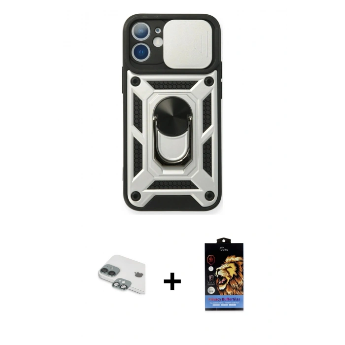 MARSİLYAN™- iPhone 11 Kılıf Ahenk Klasik - Siyah Buffer Hayalet Cam Ekran Koruyucu + Pers Alüminyum Kamera Lens - YL