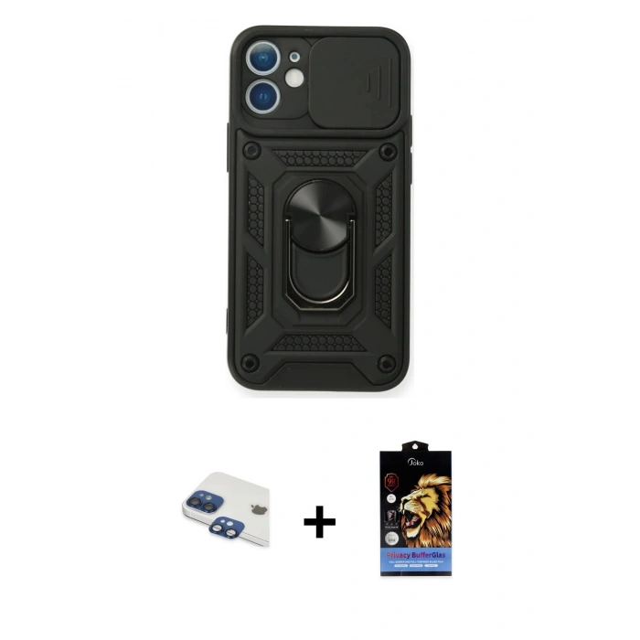 MARSİLYAN™- iPhone 11 Kılıf Ahenk Klasik - Siyah Buffer Hayalet Cam Ekran Koruyucu + Pers Alüminyum Kamera Lens - LT
