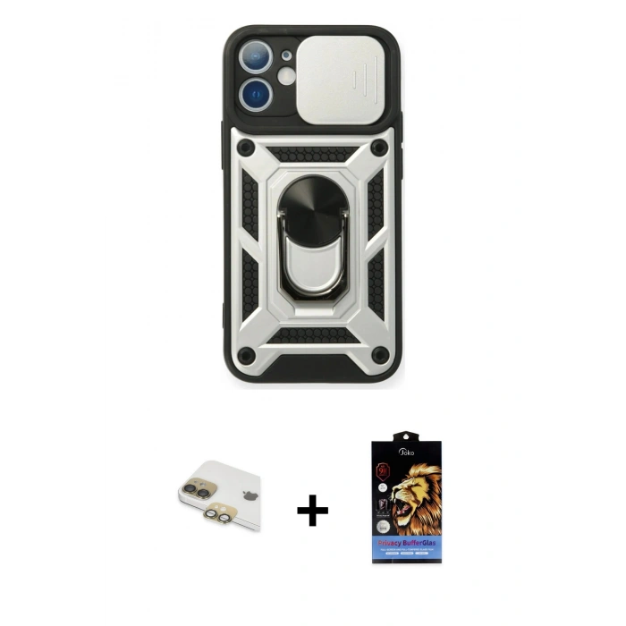 MARSİLYAN™- iPhone 11 Kılıf Ahenk Klasik - Siyah Buffer Hayalet Cam Ekran Koruyucu + Pers Alüminyum Kamera Lens - GD
