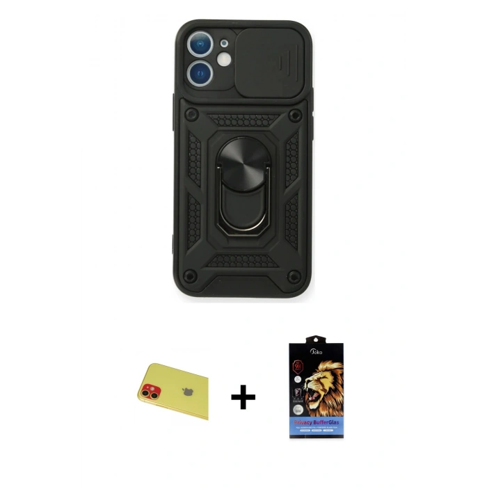 MARSİLYAN™- iPhone 11 Kılıf Ahenk Klasik - Siyah Buffer Hayalet Cam Ekran Koruyucu + Rainbow Kamera Lens Koruma Cam - KI